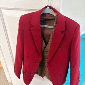 Kids Size 6 Full Maroon Suit and Clip On tie with Brown Tweed Vest (5T)